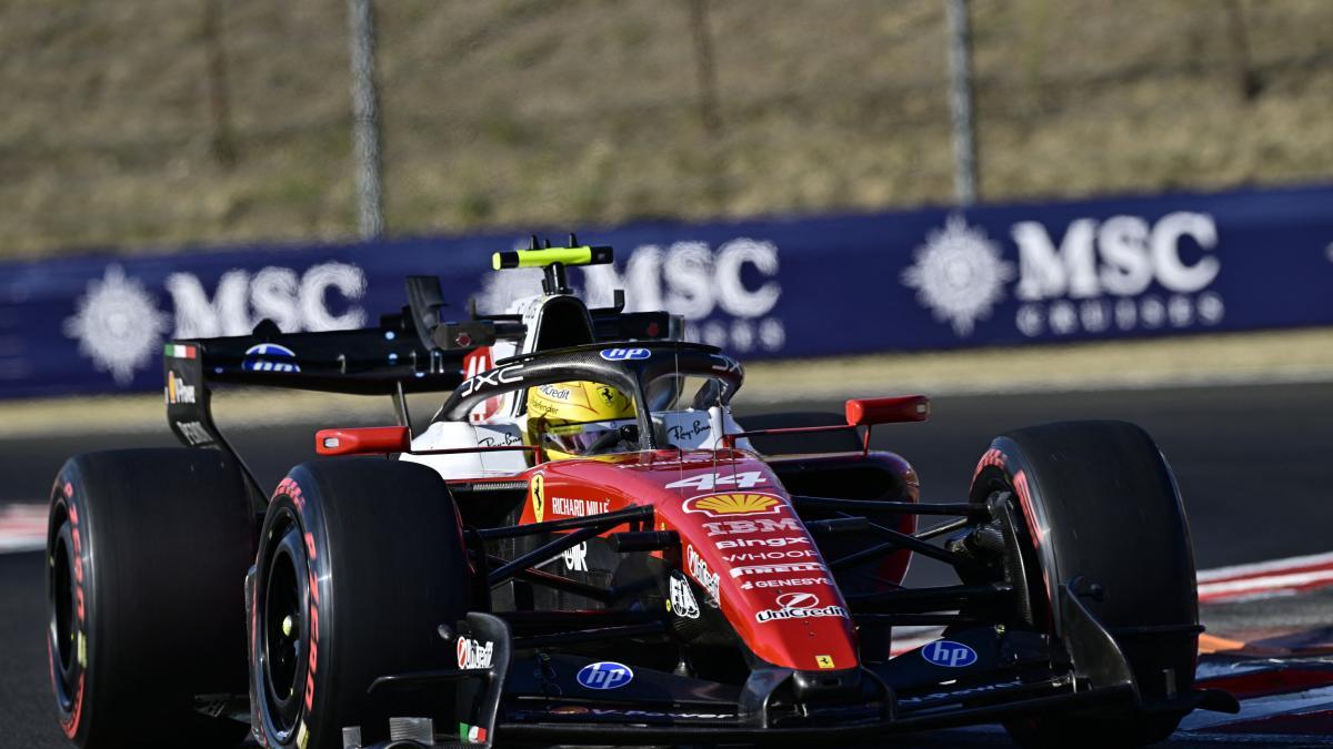 Ferrari en pista junto a las vallas publicitarias de MSC Cruises durante los libres del GP de Hungría 2026 en Hungaroring